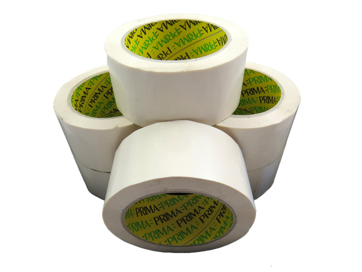Stack of white vinyl packing tape rolls on a white background.